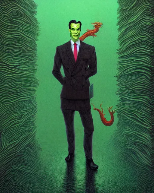 Prompt: anthropomorphic art of a businessman dragon, green dragon, portrait, 1 9 8 0 s business fashion, patrick bateman, american psycho, victo ngai, ryohei hase, artstation. fractal papers and books. highly detailed digital painting, smooth, global illumination, fantasy art by greg rutkowsky, karl spitzweg