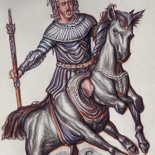 Image similar to A drawing of Julius Caesar riding a unicorn, colored pencil art,