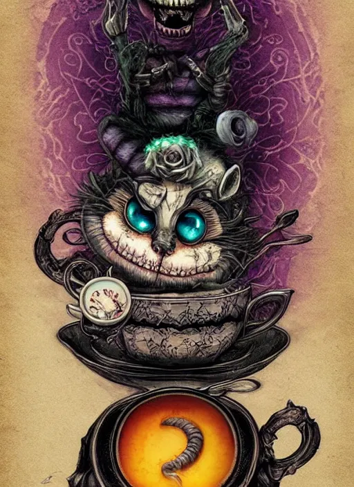 Image similar to cheshire cat having tea death tarot card, highly detailed, half skull face, cinematic, 8 k, bymegan duncanson, benjamin lacombe, naoto hattori, adrian borda, giger, trending on deviantart, hyper detailed, horror, full of colour