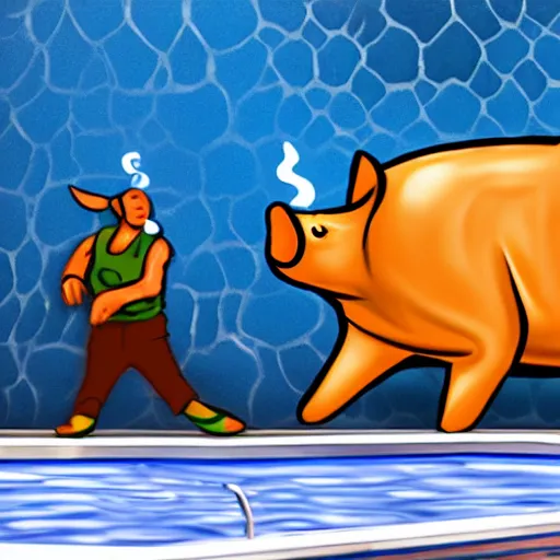 Prompt: pig throwing dollar bulls over a pool of blue fire