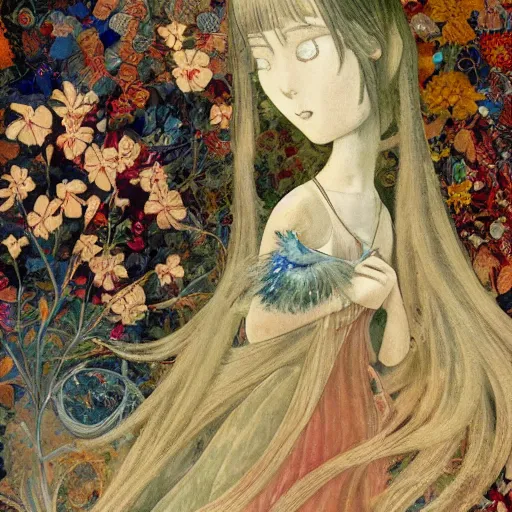 Prompt: meticulous, delicate niello inlay by john anster fitzgerald, by makoto shinkai. mixed media art. a woman is shown from behind, her body slightly blurred as if in motion. her long hair cascades down her back, & she is holding a small bird in her hand.