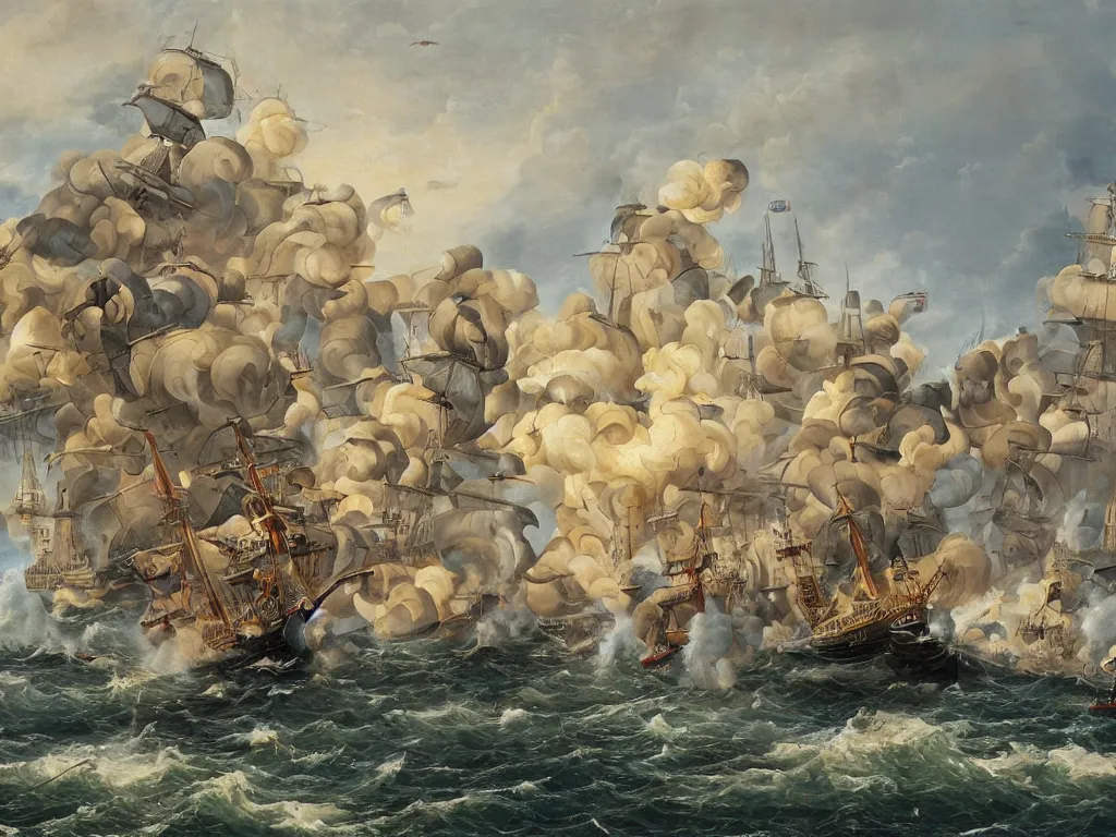 Image similar to An oil painting of a naval battle with cannons, highly detailed, intricate, 4k, masterpiece