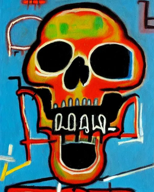 Prompt: detailed geometric oil painting of a terrified scientist skull skeleton by basquiat