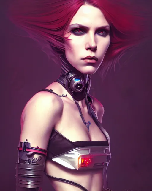 Image similar to beautiful female punk, portrait, cyberpunk, symmetry, detailed, darksynth, intricate, dynamic lighting, digital art, digital painting, artstation, wlop, sharp focus, illustration, art by artgerm and greg rutkowski and alphonse mucha, 8 k