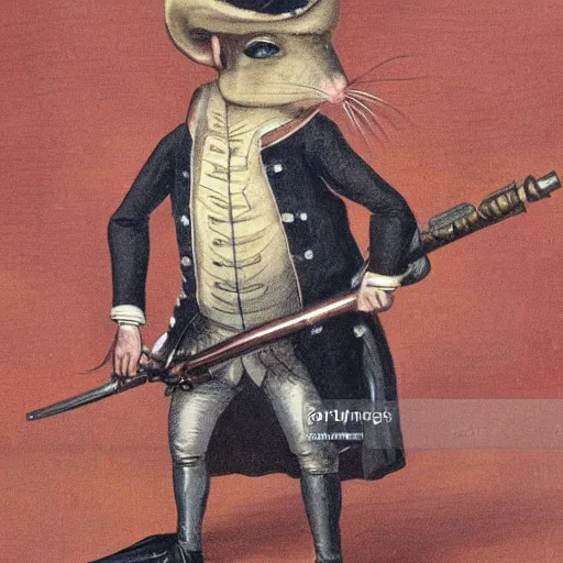 Prompt: Rat dressed in napoleonic war costume leaning on his musket.