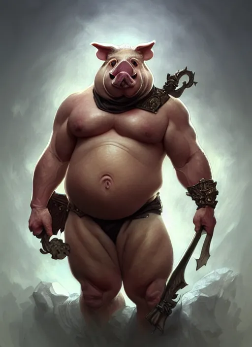 Image similar to portrait of aggressive pig humanoid, d & d, muscular! fat! fantasy, intricate, elegant, highly detailed, digital painting, artstation, concept art, smooth, sharp focus, illustration, art by artgerm and greg rutkowski and alphonse mucha