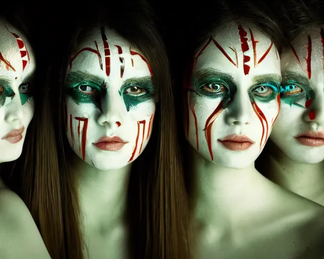 Image similar to a film still of three synthetic female human oracles wrapped in white cloth, beautiful, tribal facepaint, neotokyo, cinematic lighting, high resolution, 4 k