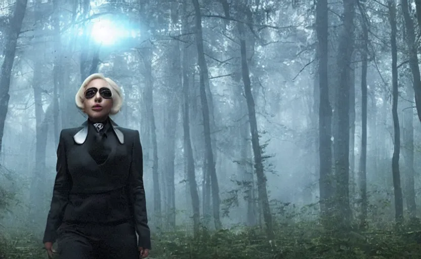 Image similar to lady gaga as a cop in a spooky forest, ufo overhead, alien, realistic, 8 k resolution, hyperdetailed, highly detailed, real life, studio lighting, high quality