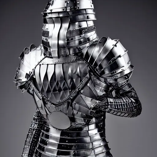 Prompt: Battle armor designed by Frank Gehry, fashion photography