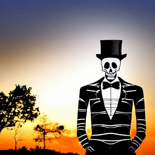 Image similar to Photograph of skeleton wearing a suit and top hat at sunset. cinematic, hyper realism, high detail