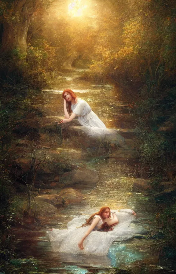 Image similar to beautiful lady of shalott laying in a river, sadness, longing, sharp focus, intricate, elegant, digital painting, artstation, matte, highly detailed, concept art, illustration, volumetric lighting, bokeh light, art by greg olsen and liz lemon swindle