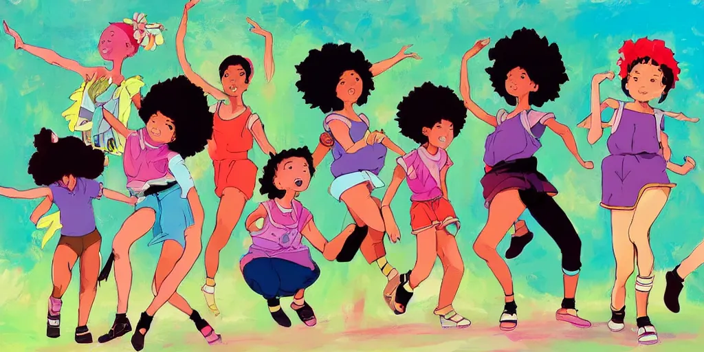 Image similar to colourful, beautiful black girls dancing ,in the style of studio Ghibli,