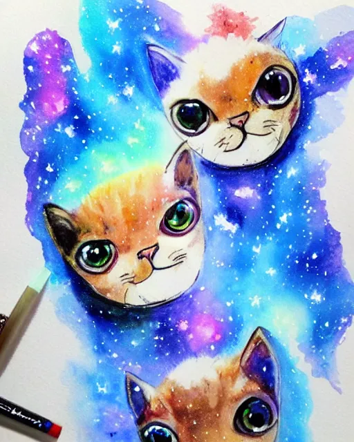 Image similar to cute galactic space cats, painted in water colors