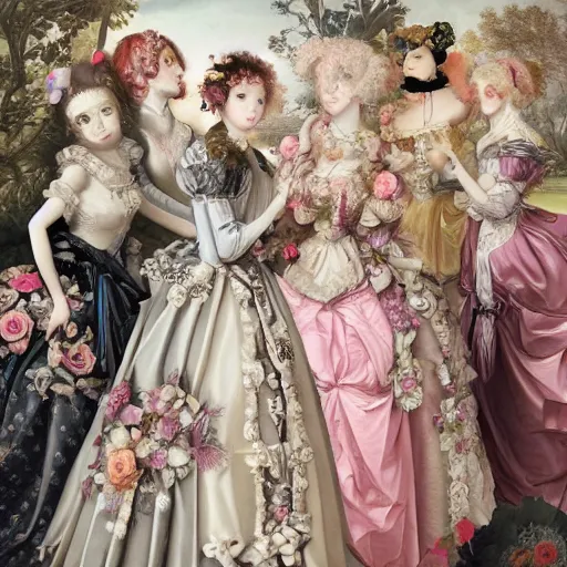 Image similar to 8k, realism, renaissance, rococo, baroque, group of creepy young ladies wearing renaissance long harajuku manga dress with flowers and skulls, background chaotic flowers