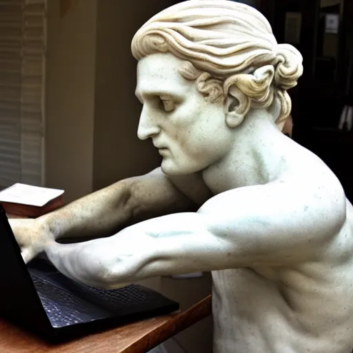 Image similar to a marble statue having trouble working on his laptop