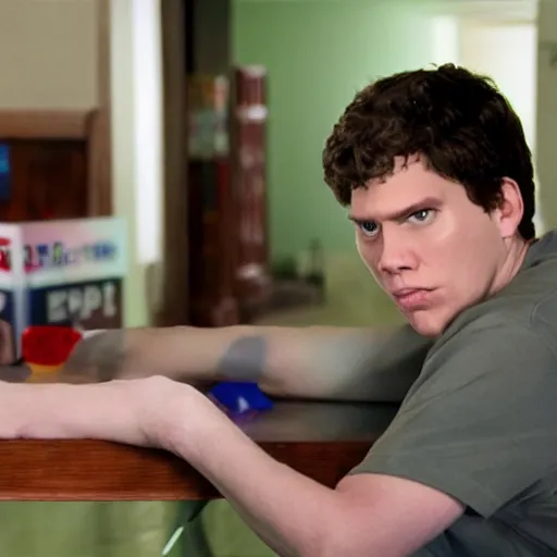 Image similar to Live Action Still of Jerma in Superbad, real life, hyperrealistic, ultra realistic, realistic, highly detailed, epic, HD quality, 8k resolution, body and headshot, film still