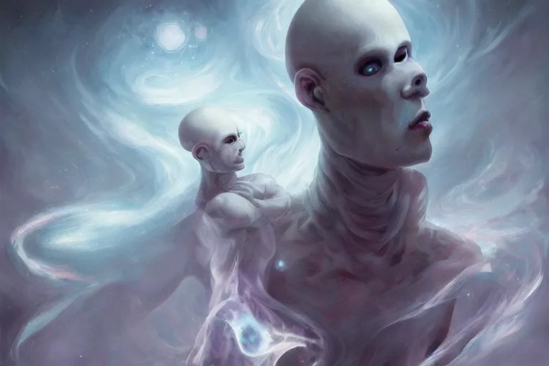 Image similar to a humanoid creature with pale white skin and a gaunt face. the creature is bald and its eyes are shining, emitting sunlight. it is wearing a black flowing cloak that looks like mist. it is crafting an landscape in the astral plane. cosmic horror. art by peter mohrbacher.