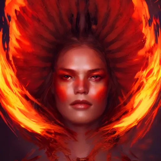 Prompt: a beautiful portrait of a fire goddess with flame eyes by Greg Rutkowski and Raymond Swanland, Trending on Artstation, Flaming Background, ultra realistic digital art