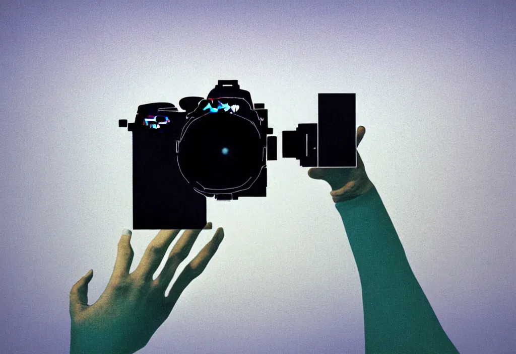 Image similar to first person view of a hand grasping a nikon dslr camera with mount fuji image in viewfinder, in the style of wes anderson, rene magritte, lola dupre, david hockney, isolated on white background, dark monochrome neon spraypaint accents octane render