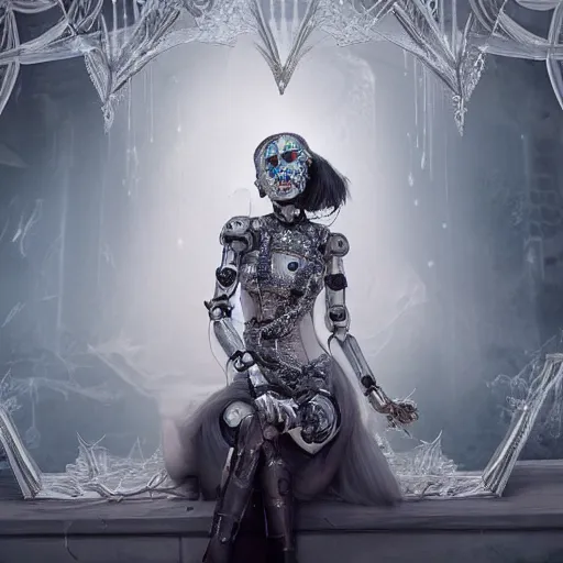 Prompt: female gothic robots with transparent head with mechanical brain, detailed decorated broken porcelain face, sensual pose, dressed in white intricate lace and jewels, full body, epic environment, matte painting, diffused lighting, highly detailed, cinematic, epic atmosphere, digital art, trending on artstation, wide angle