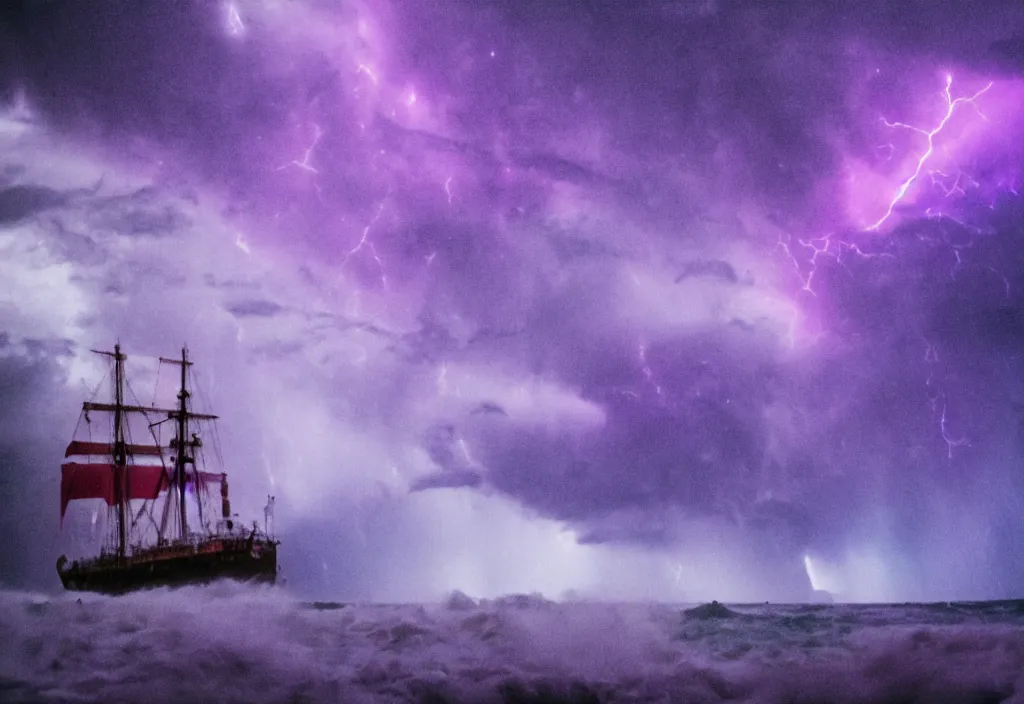 Image similar to purple color lighting storm with stormy sea,pirate ship firing its cannons with a water spout in the background. trippy nebula sky 50mm shot, fear and loathing movie