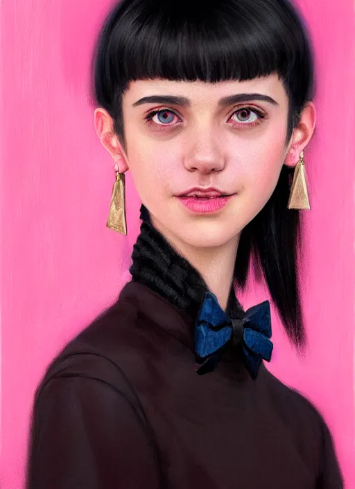 Image similar to portrait of teenage girl, realistic, black hair, bangs, half updo hairstyle, pointy nose, skinny, smile, ugly, defined jawline, big chin, pink hair bow, earrings, intricate, elegant, glowing lights, highly detailed, digital painting, artstation, sharp focus, illustration, art by wlop, mars ravelo and greg rutkowski