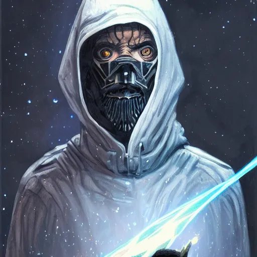 Prompt: tall thin gray - skinned brooding space elf nobleman in ornate hooded long dark cloak, on space station, highly detailed, mike mignogna, comic book, science fiction, dark tones, dark, rough paper, oil painting