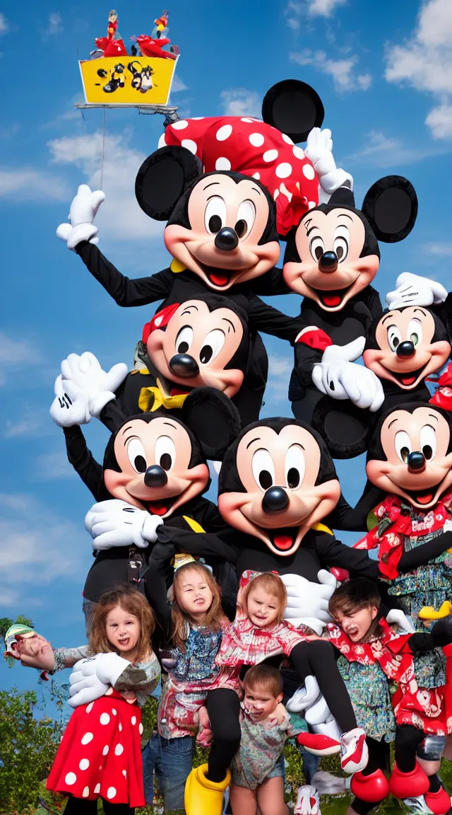 Image similar to giant mickey mouse looming over cowering children, professional photo, hdr