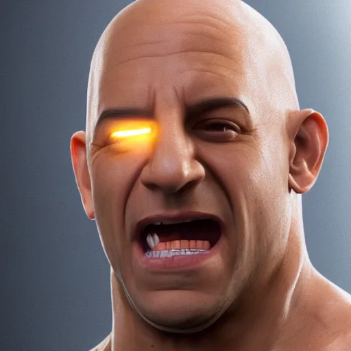 Image similar to highly detailed octane render of a close up portrait of Vin Diesel wearing a shirt and armour and screaming in a old school television