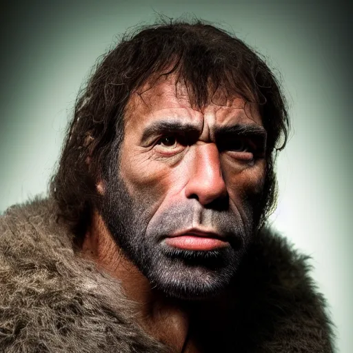 Image similar to Photo portrait Joe Rogan as a wax neanderthal cave man exaggerated brow stoic savage in the natural history museum face closeup background dramatic lighting 85mm lens by Steve McCurry