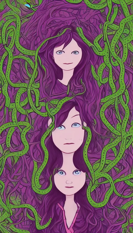 Image similar to very detailed portrait of a 2 0 years old girl surrounded by tentacles, the youg woman visage is blooming from fractal and vines, by rebecca sugar