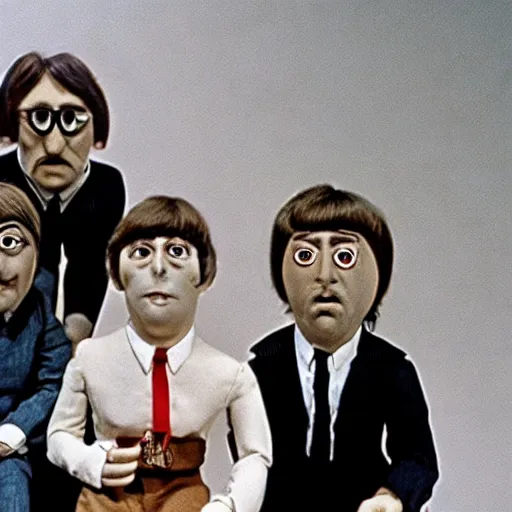 Image similar to stills from the beatles movie in puppets by gerry anderson, vintage film, 1 9 6 0 s