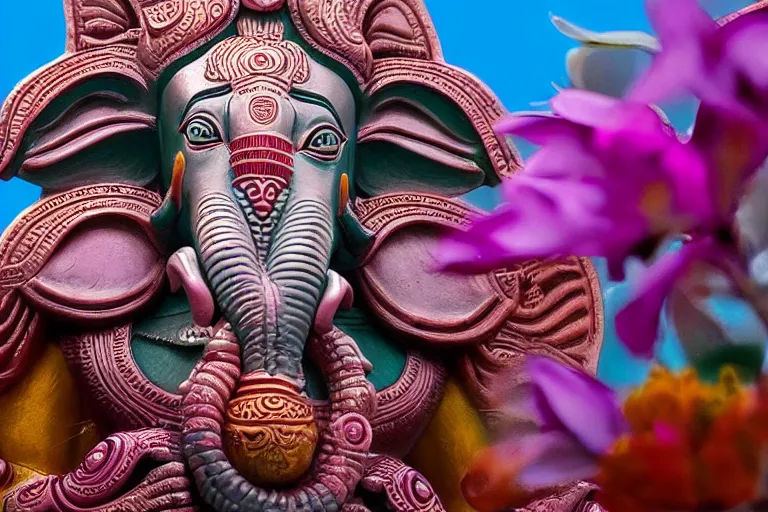 Image similar to beautiful futuristic new delhi, sharp sci - fi ganesha!! building, kalighat flowers, highly detailed cinematic, stephen shore & john j. park, soft morning light, wide shot, ground angle, uhd 8 k, shallow depth of field