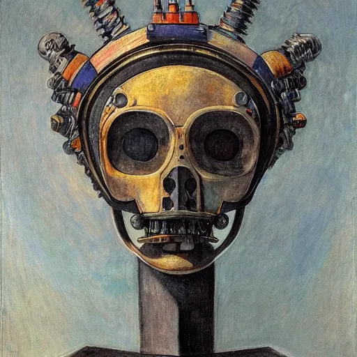 Image similar to the robot wearing the bone crown, by Annie Swynnerton and Diego Rivera, symbolist, dramatic lighting, elaborate geometric ornament, Art Brut ,god rays, soft cool colors,smooth, sharp focus, extremely detailed, Adolf Wölfli