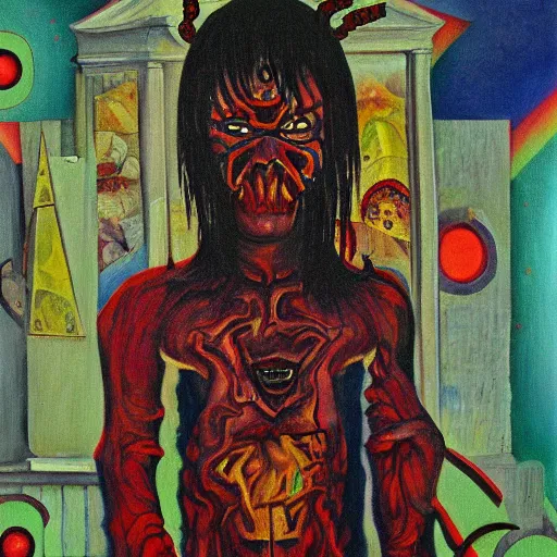 Image similar to portre of an autistic demon on acid, masonic and kabalistic symbols in background, oil painting