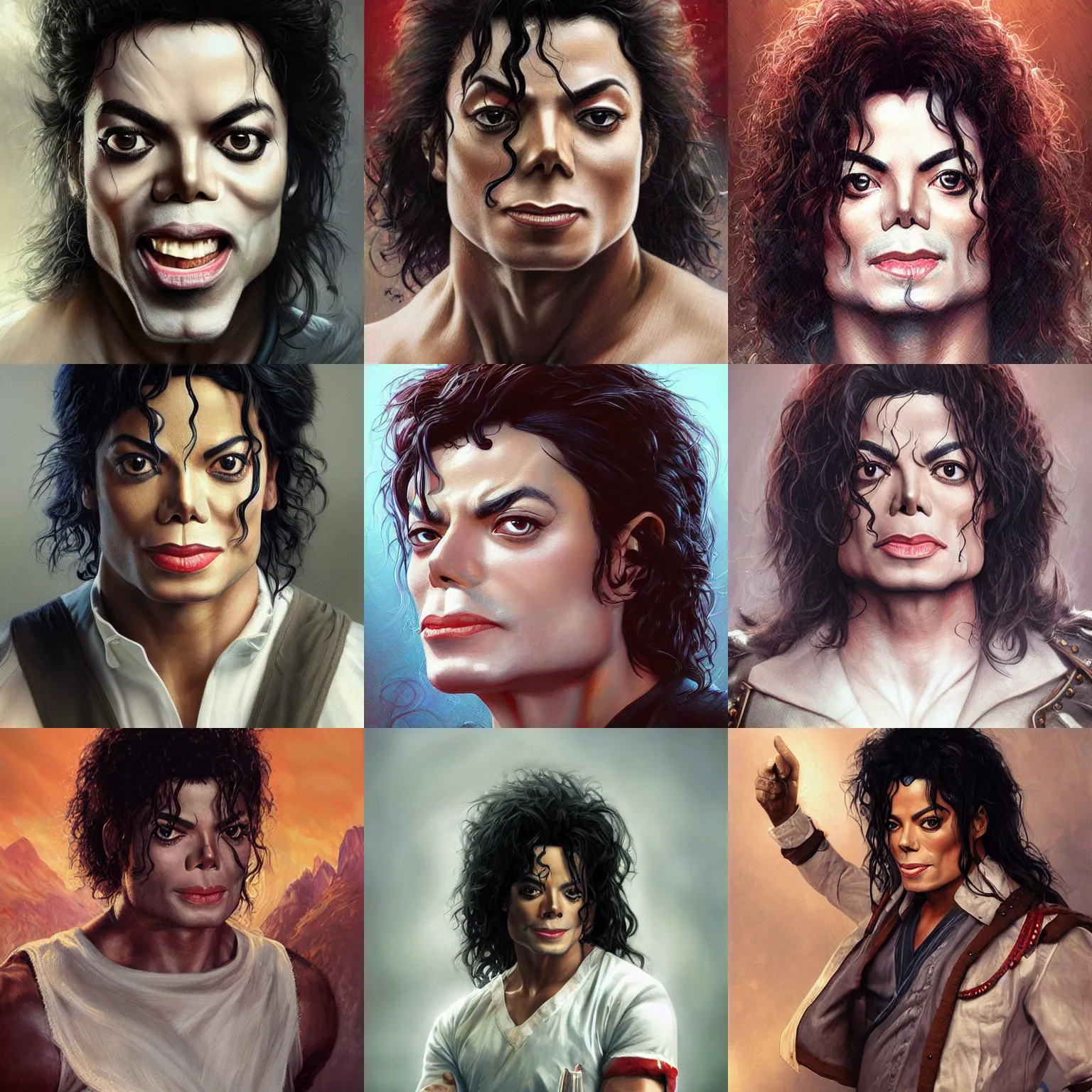 Prompt: michael jackson! nurse!!! very close portrait of angry rugged barbarian, muscular, upper body, 👅 👅 , D&D, fantasy, intricate, elegant, highly detailed, digital painting, artstation, concept art, smooth, sharp focus, illustration, art by artgerm and greg rutkowski and alphonse mucha