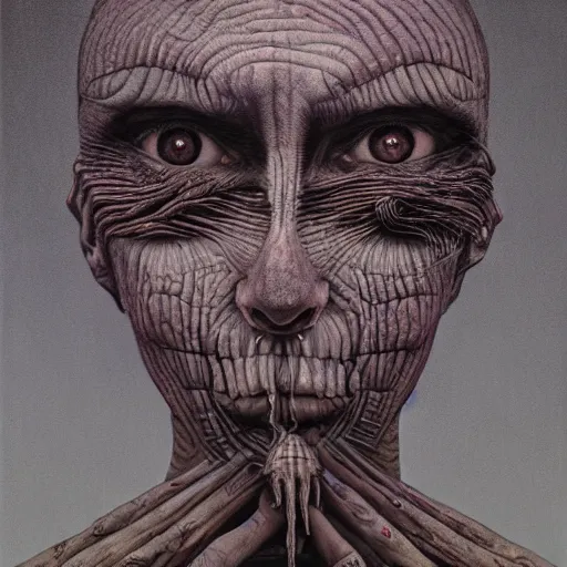 Image similar to her eyes wide by zdzisław beksiński, jeffrey smith and h.r. giger, oil on canvas, XF IQ4, f/1.4, ISO 200, 1/160s, 8K, RAW, unedited, symmetrical balance, in-frame