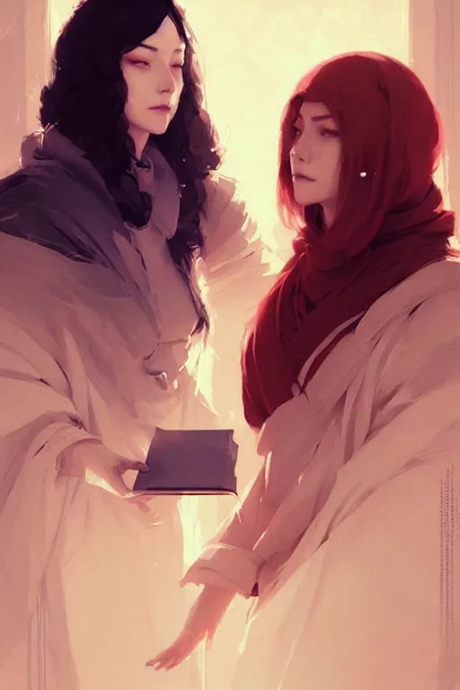 Image similar to portrait of two wise and very beautiful women discussing some texts, art by guweiz and greg rutkowski, intricate, elegant, highly detailed, smooth, sharp focus, artstation