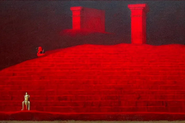 Image similar to only with red, a red melted emperor in an authoritarian position, taormina amphitheatre, crowd hails him, in the style of beksinski, parts by edward hopper, parts by rodcenko, parts by yue minjun, intricate and epic composition, red by caravaggio, insanely quality, highly detailed, masterpiece, red light, artstation, 4 k