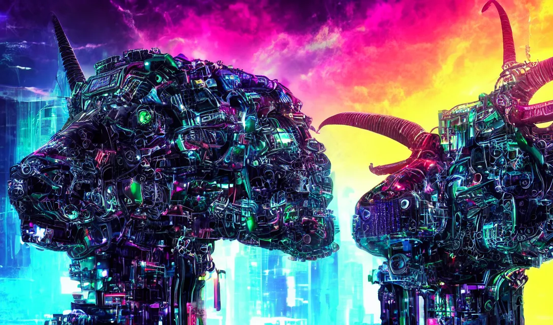 Image similar to complex cyberpunk machine background merged with evil cybernetic goat head, symmetric, multicolored digital art, 8k