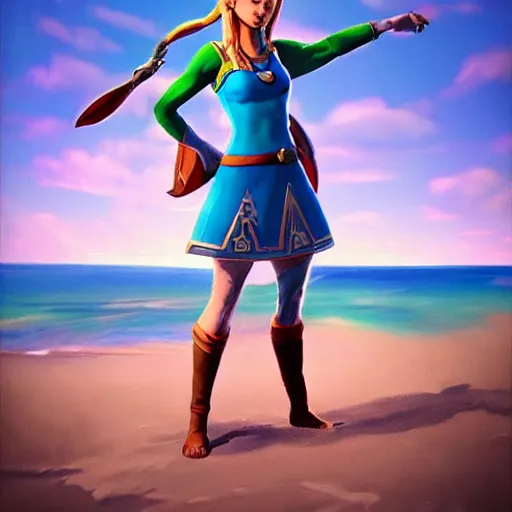 Prompt: a hyper real comic book style portait painting of beautiful zelda on the beach, unreal 5, hyperrealistic, octane render, cosplay, rpg portrait, dynamic lighting