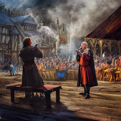 Prompt: a detailed concept art of a young medieval bard singing in a wooden stage in the middle of an old wooden town with his hurdy - gurdy. magical smoke explosion around him. mid day light. sunny day. medieval market fest. people gathering around. wide angle. trending on artstation, craig mullins, gopro lens. centered composition. water well.