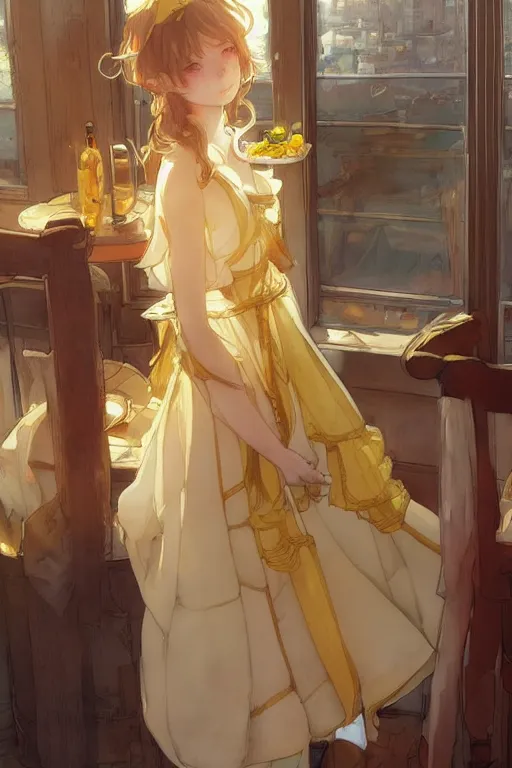 Prompt: A girl in a maid's outfit in a cafe a afternoon, wavy hair yellow theme,S line,45 angel by krenz cushart and mucha and akihito yoshida and greg rutkowski