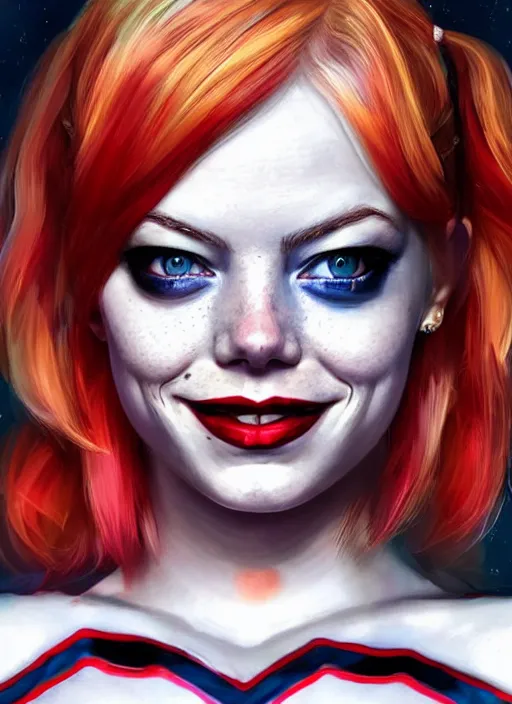 Image similar to cosmic portrait of emma stone as harley quinn, hyper detailed, digital art, trending in artstation, cinematic lighting, studio quality, smooth render, unreal engine 5 rendered, octane rendered, art style by klimt and nixeu and ian sprigger and wlop and krenz cushart.