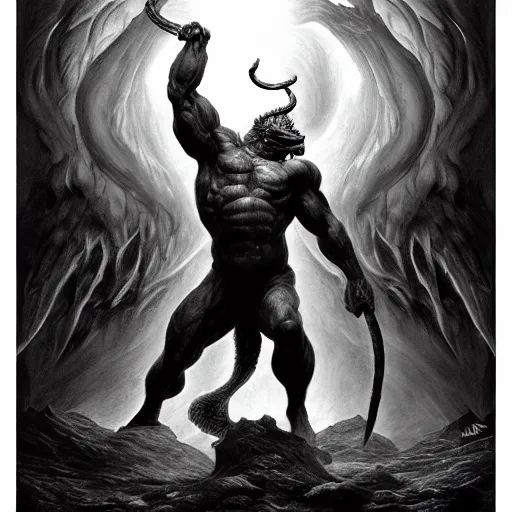 Prompt: full body, grayscale, Gustave Dore, muscled humanoid balrog beast, horns, heroic pose, swirling flames