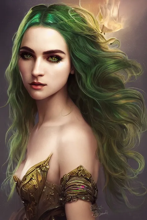 Prompt: a seductive beautiful witch from belarus, with a perfect face!!! shiny green iridescent makeup on skin, bust portrait, gold jewelry, dnd, face, fantasy, intricate, elegant, highly detailed, digital painting, artstation, concept art, smooth, sharp focus, illustration, art by artgerm and greg rutkowski and alphonse mucha