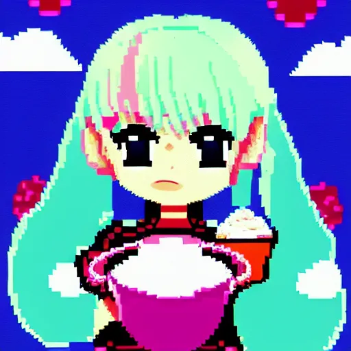 Image similar to colorful anime girl with big eyes eating ice cream pixel art