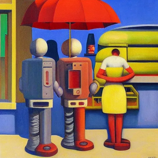 Prompt: robots queue up for ice cream,! grant wood!,! pj crook!, edward hopper, oil on canvas