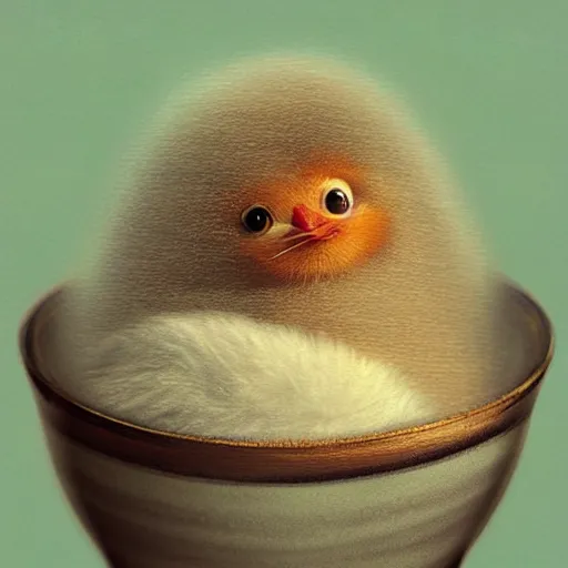 Image similar to long shot of a cute fluffy furry chick nesting in a japanese tea cup, by esao andrews, by m. w. kaluta, humorous illustration, hyperrealistic, tilt shift, warm colors, night scenery, low light, 3 d octane render, 4 k, volumetric lights, smooth, cosy atmosphere, conceptart, hyperdetailed, trending on deviantart