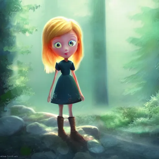 Image similar to young seven year old girl, blond hair green eyes, riding a gray wolf, in a dark forest, mysterious, backlit, beautiful still from a pixar disney movie, trending on artstation